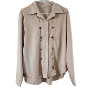 Beige Long Sleeve Collared Button Down Shirt Blouse Floral Embroidery Womens XL